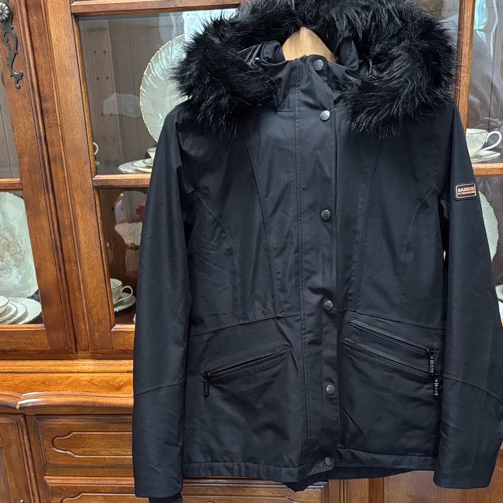 Barbour San Carlos Black (faux) Fur-Trimmed Jacket. Excellent condition.